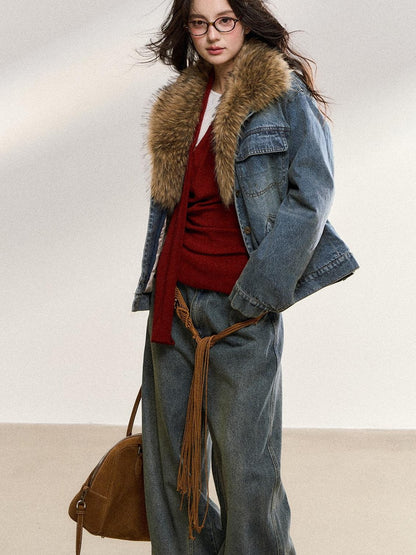 7Shiftin Warm Detachable Fur Collar Casual Cropped Women Long Sleeve Denim Jackets