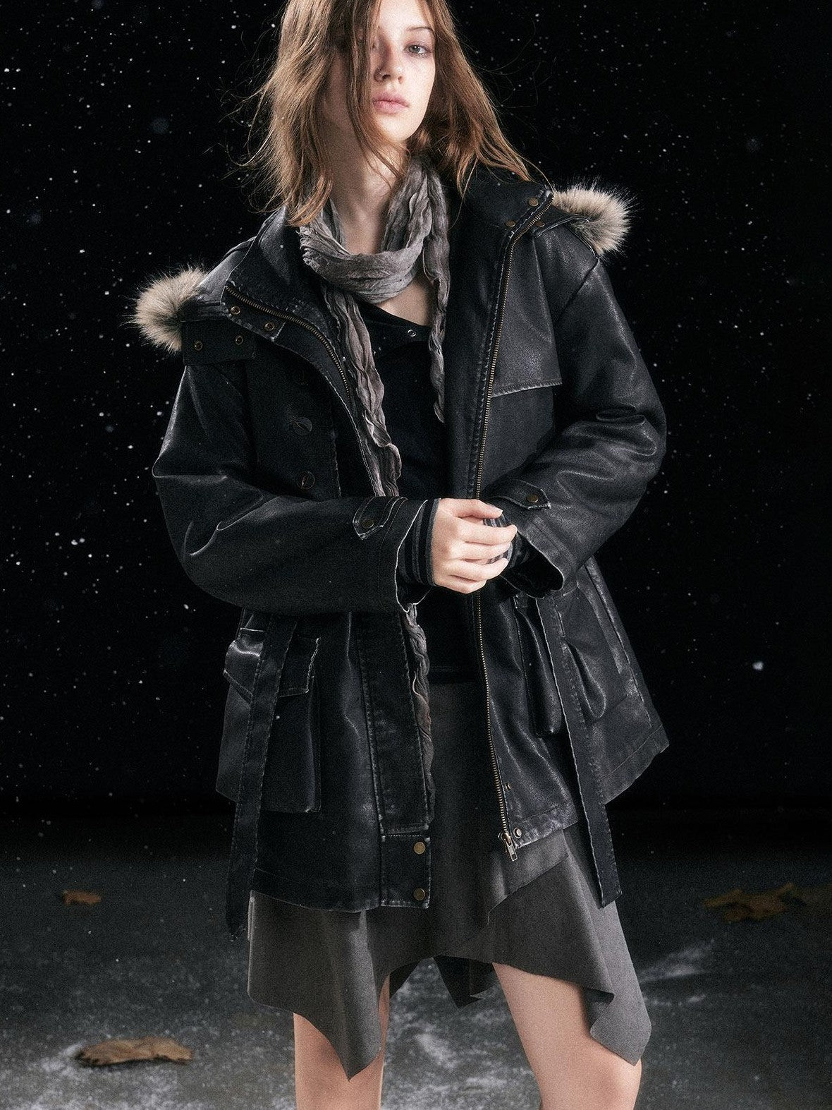 Cest Nous Fur Collar Hooded Utility Distressed Women&
