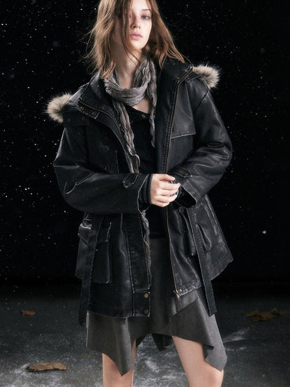 Cest Nous Fur Collar Hooded Utility Distressed Women&