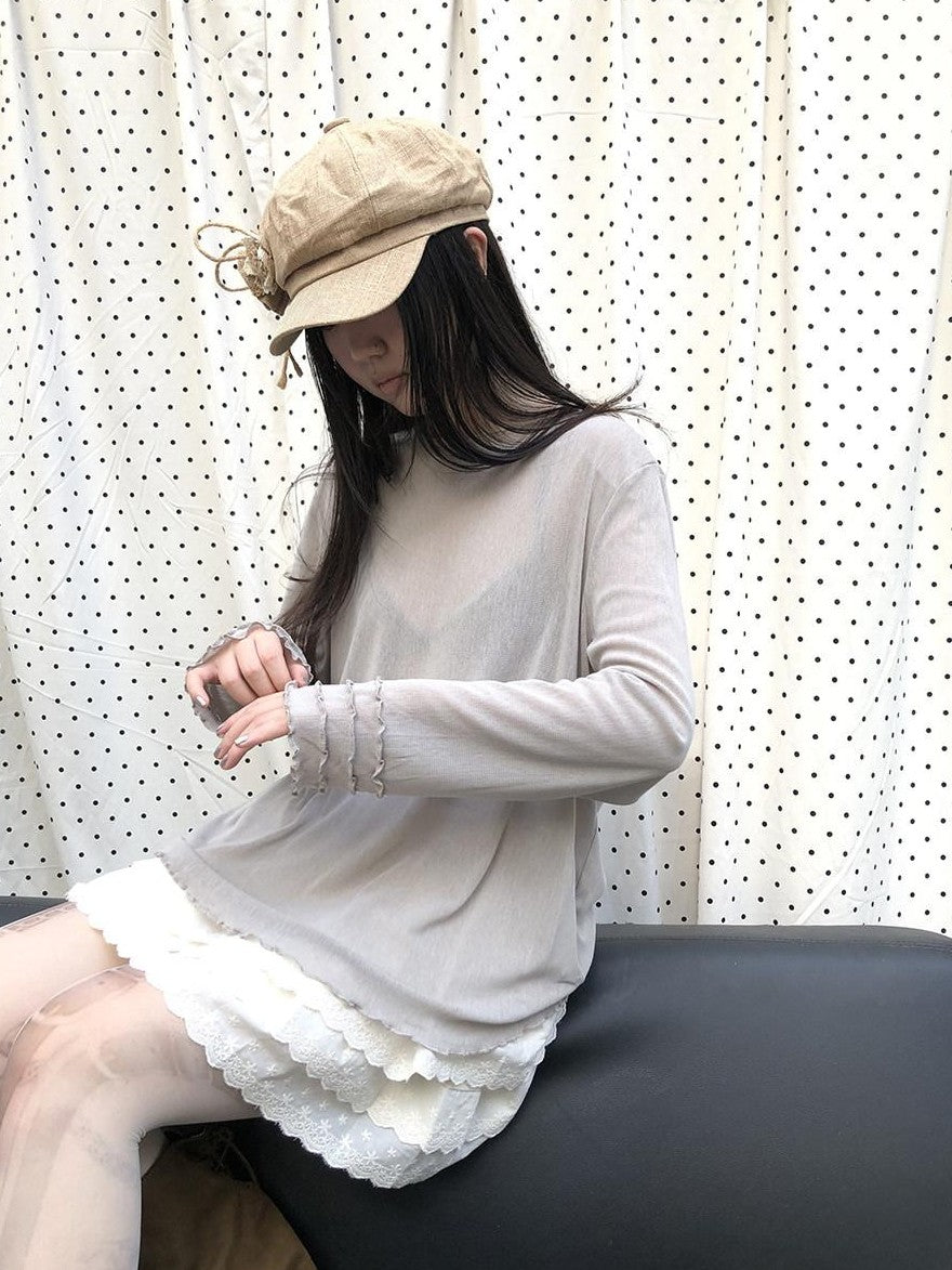 ang project Mocha Sheer Mesh Layered Ruffle Round Neck Women&