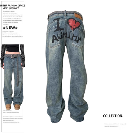 Plus Size High-Rise Jeans - Vintage Heart Print