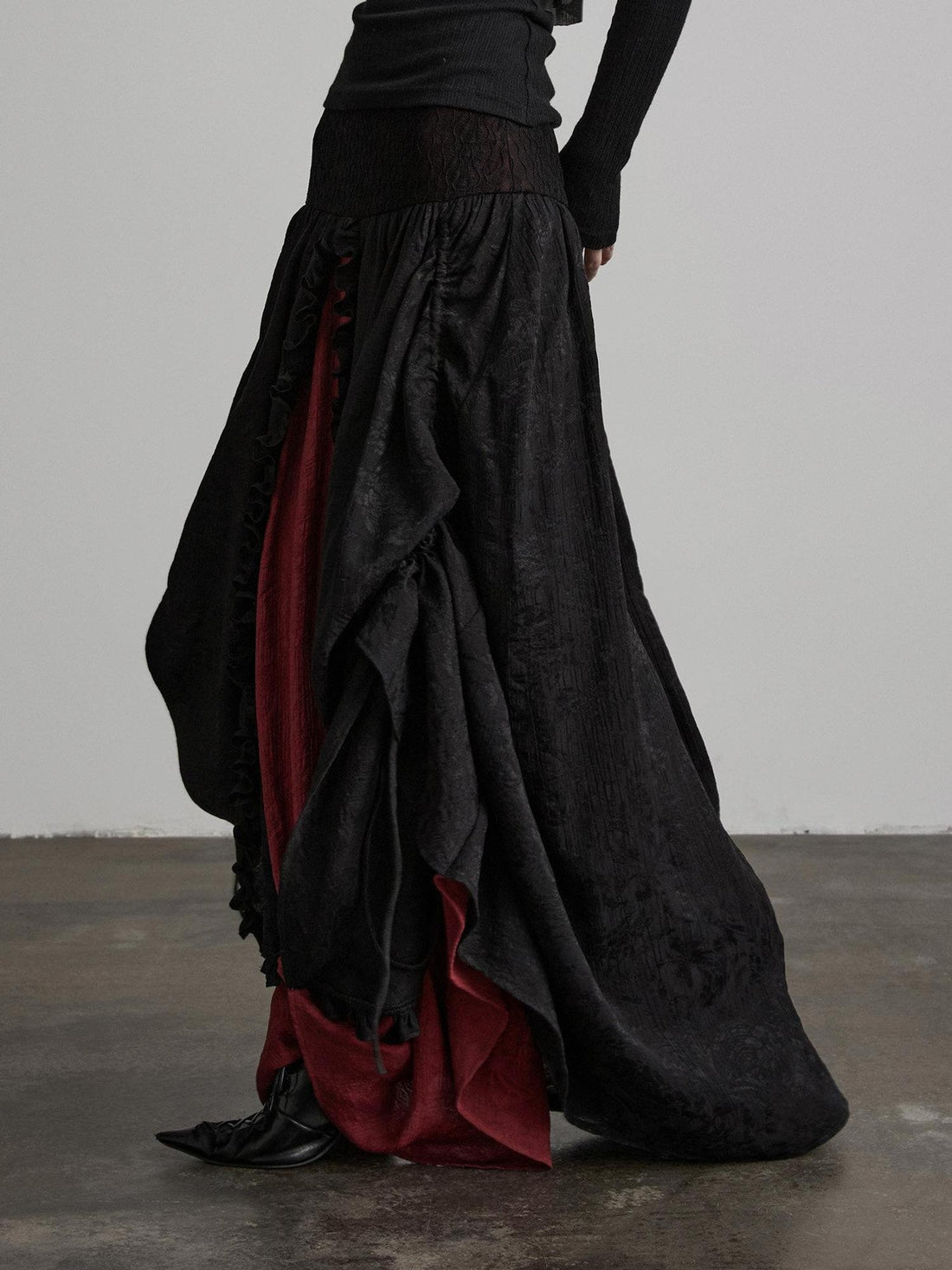 INDULGE Soft Comfy Rayon Ruffle Hem Gothic A Line Side Zipper Black Tiered Skirts