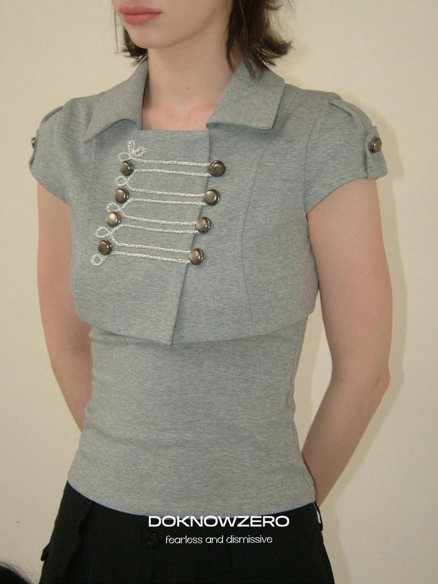 DKZ OFFICIAL Grey Double Breasted Cropped Collared Women&