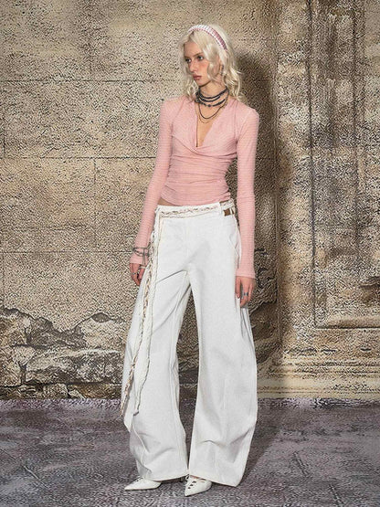 The NeverMore Soft Cotton Poly Blend Slim Fit Office Chic Pink For Women Long Sleeve Crop Tops