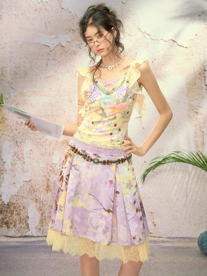 OfAkiva Handpainted Floral Ruffle Cross Tie Women&