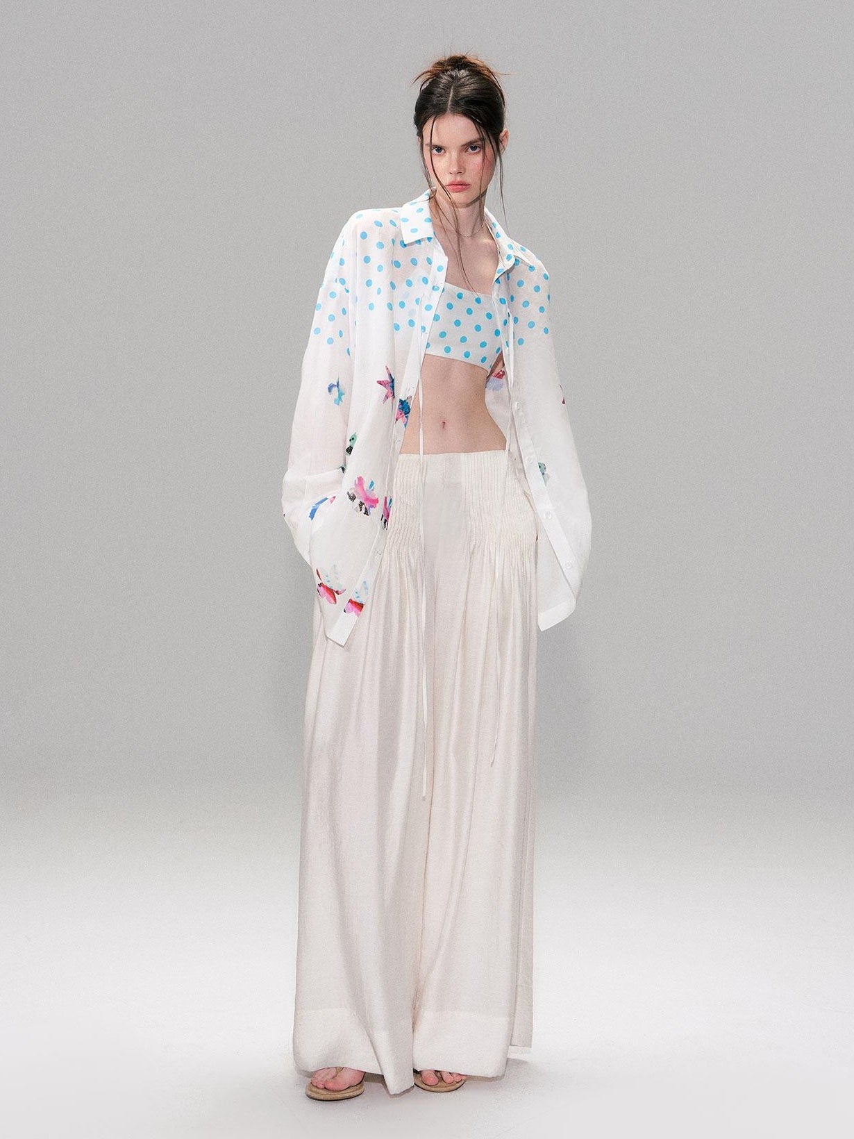 The NeverMore Soft Breathable Linen Blend Relaxed Drop Shoulder Polka Dot Long Sleeve Shirts
