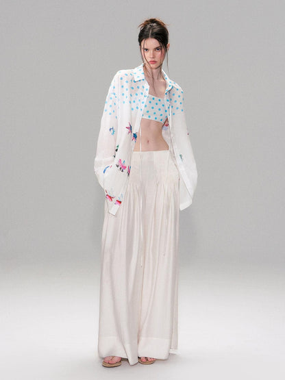 The NeverMore Soft Breathable Linen Blend Relaxed Drop Shoulder Polka Dot Long Sleeve Shirts