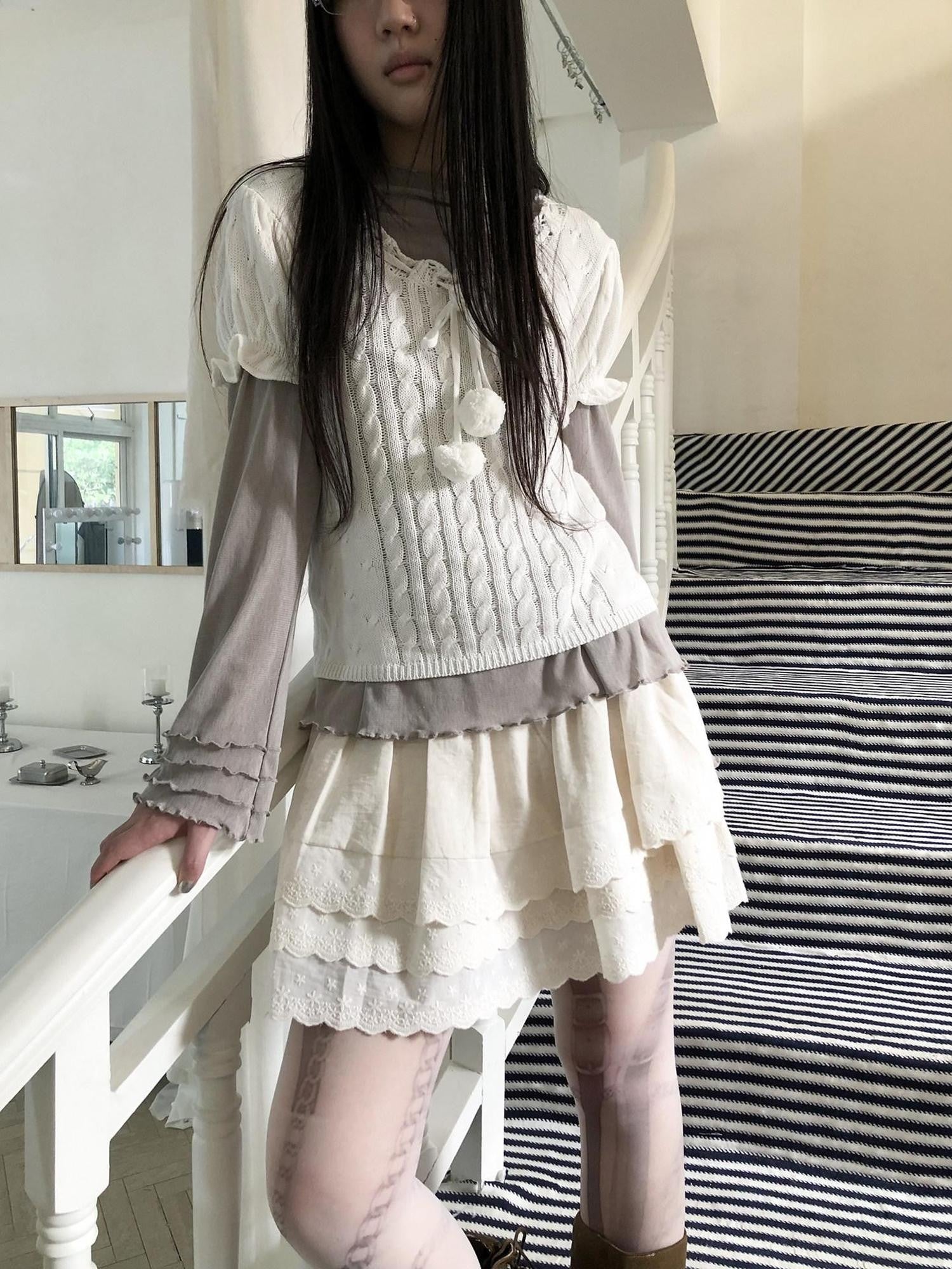 ang project Light Apricot Lace Spliced Embroidered High Waist Elastic A Line Women&