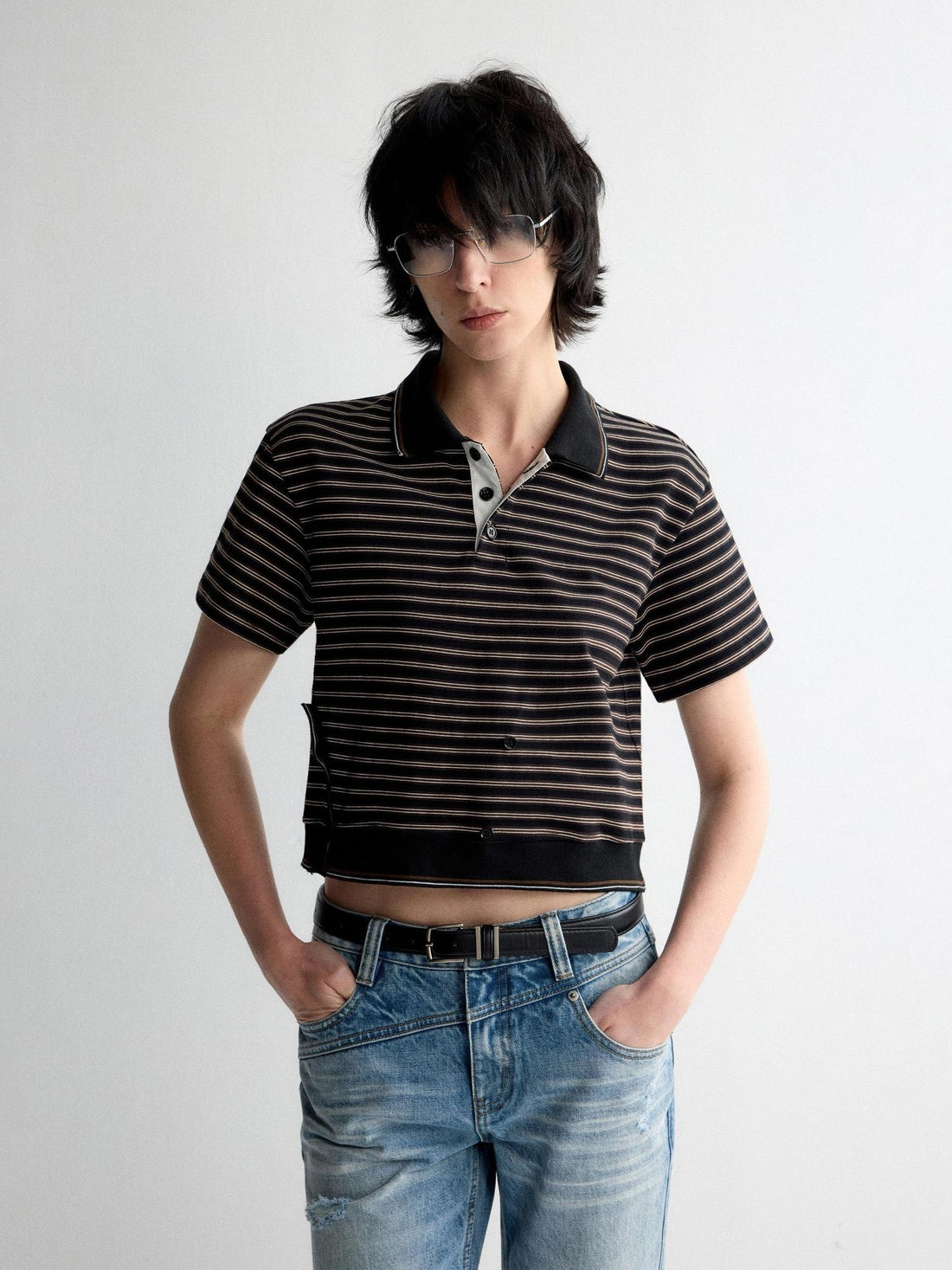 RUN TO THE FUTURE Breathable Cotton Slim Fit Asymmetric Henley Striped Low Waist Women Crop Tops
