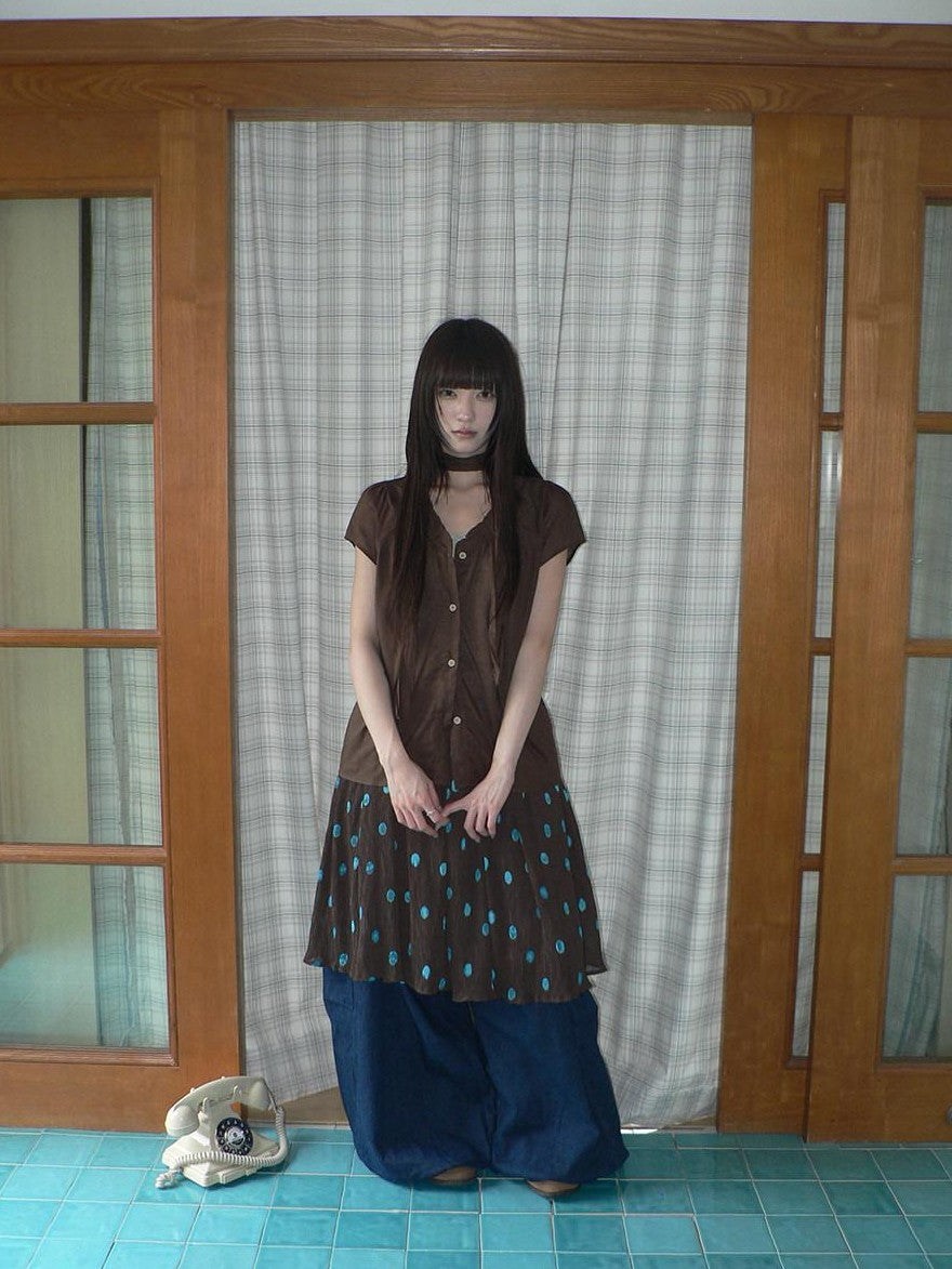 ang project Deep Blue Vintage Pleated Elastic Waist Loose Fit Women&