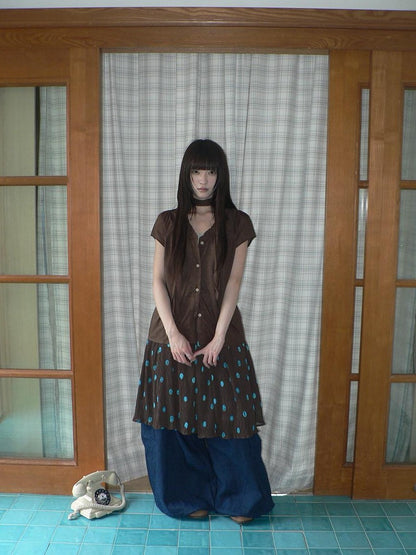 ang project Deep Blue Vintage Pleated Elastic Waist Loose Fit Women&