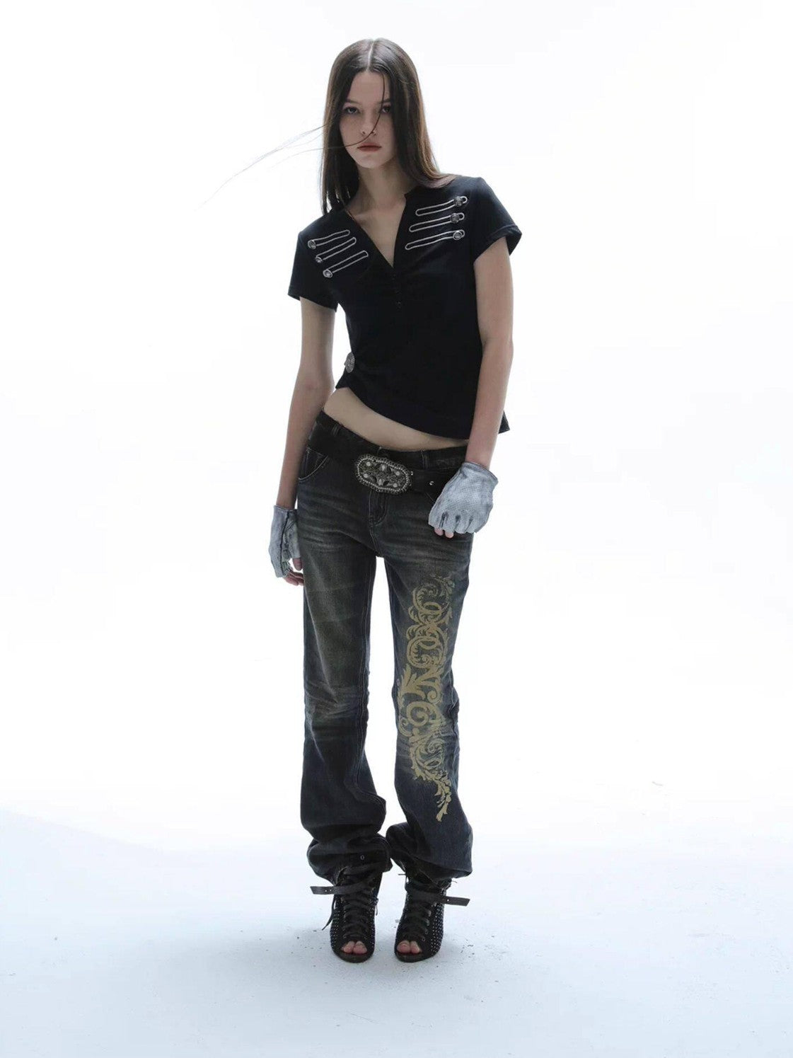 DoublePunch Baroque Print Distressed Micro Flare Women&