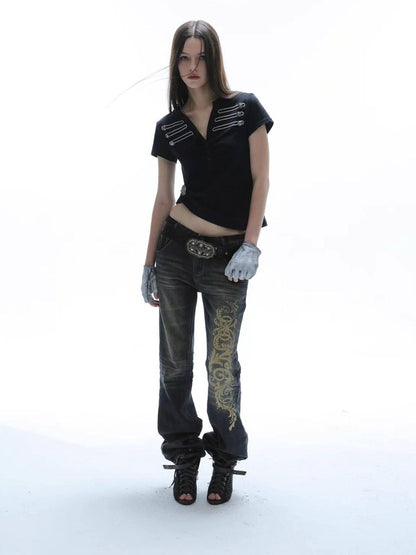 DoublePunch Baroque Print Distressed Micro Flare Women&