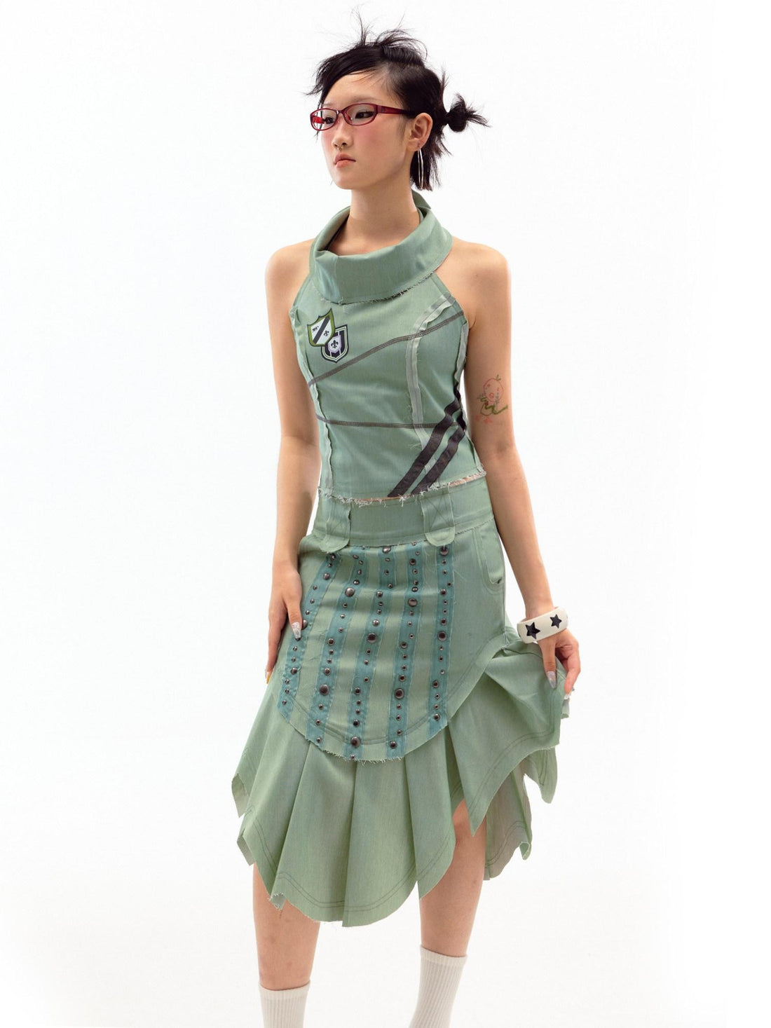 nit alcove Beaded Distressed Chinese Mid Waist Irregular Hem Dark Green Zipper Midi Skirts