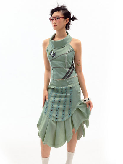 nit alcove Beaded Distressed Chinese Mid Waist Irregular Hem Dark Green Zipper Midi Skirts