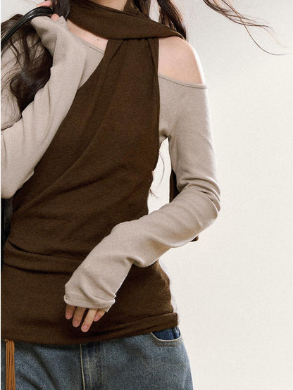 7Shiftin Sexy One Shoulder Slim Fit Women Red Brown Crop Top Long Sleeve Crop Tops