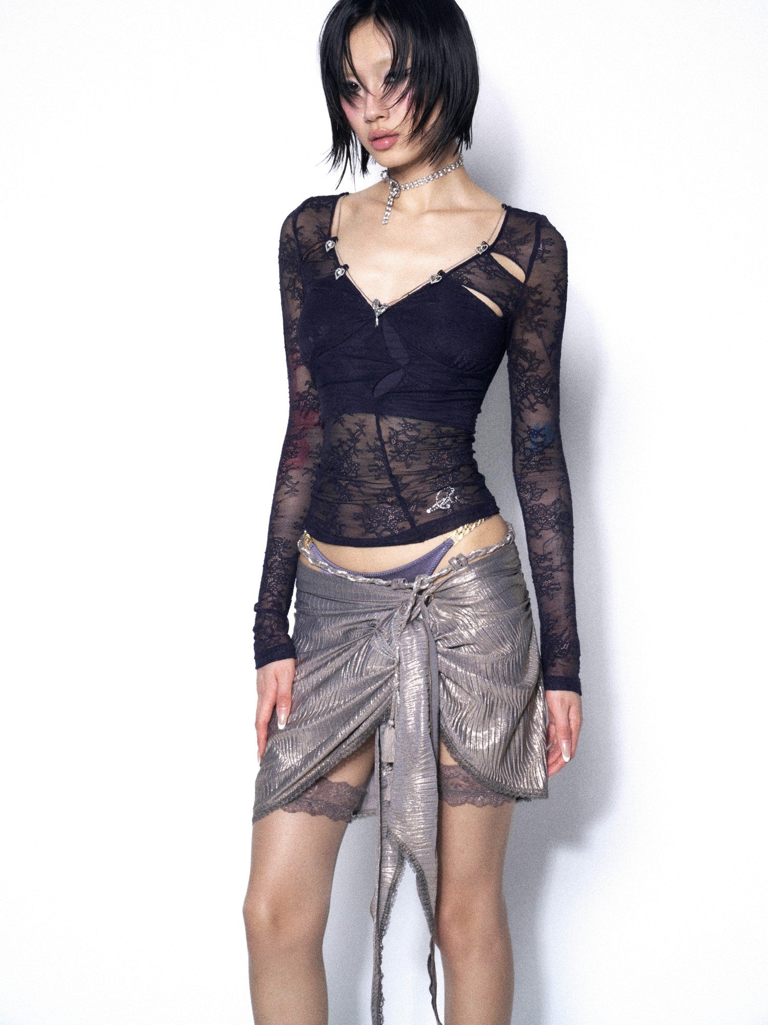 OPEN AESTHETIC Dark Blue Purple Lace Cutout Heart Women&