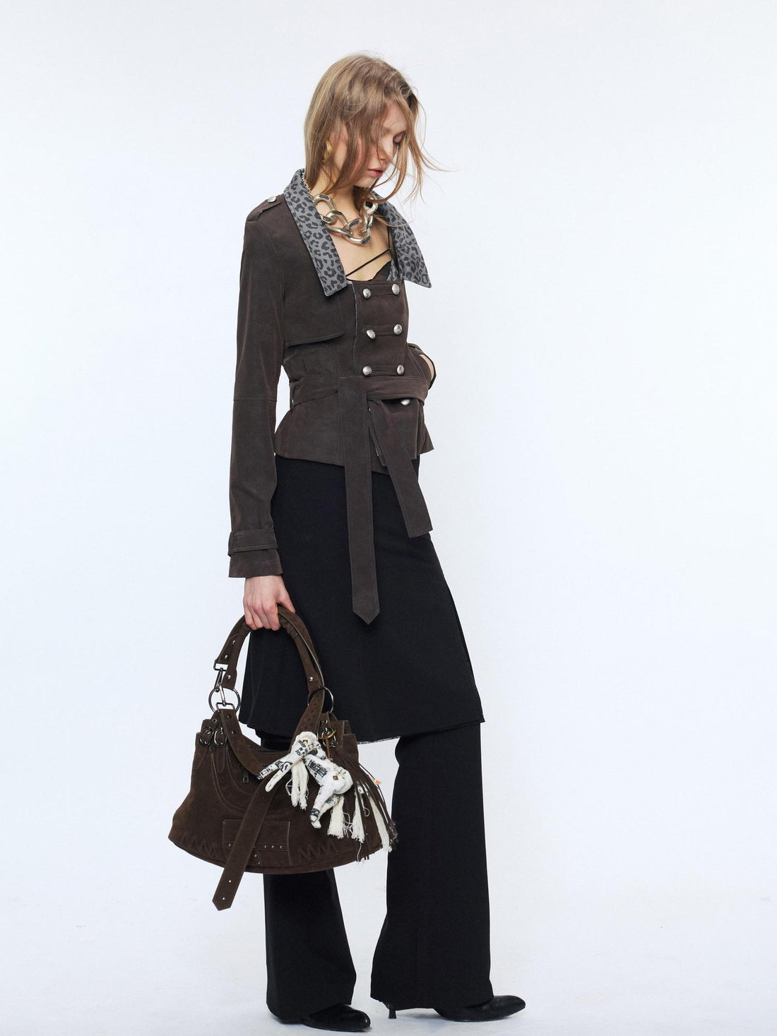 2th Desire Waist Cinch Punk Leopard Print Slim Fit Zip Short Women Trench Coats
