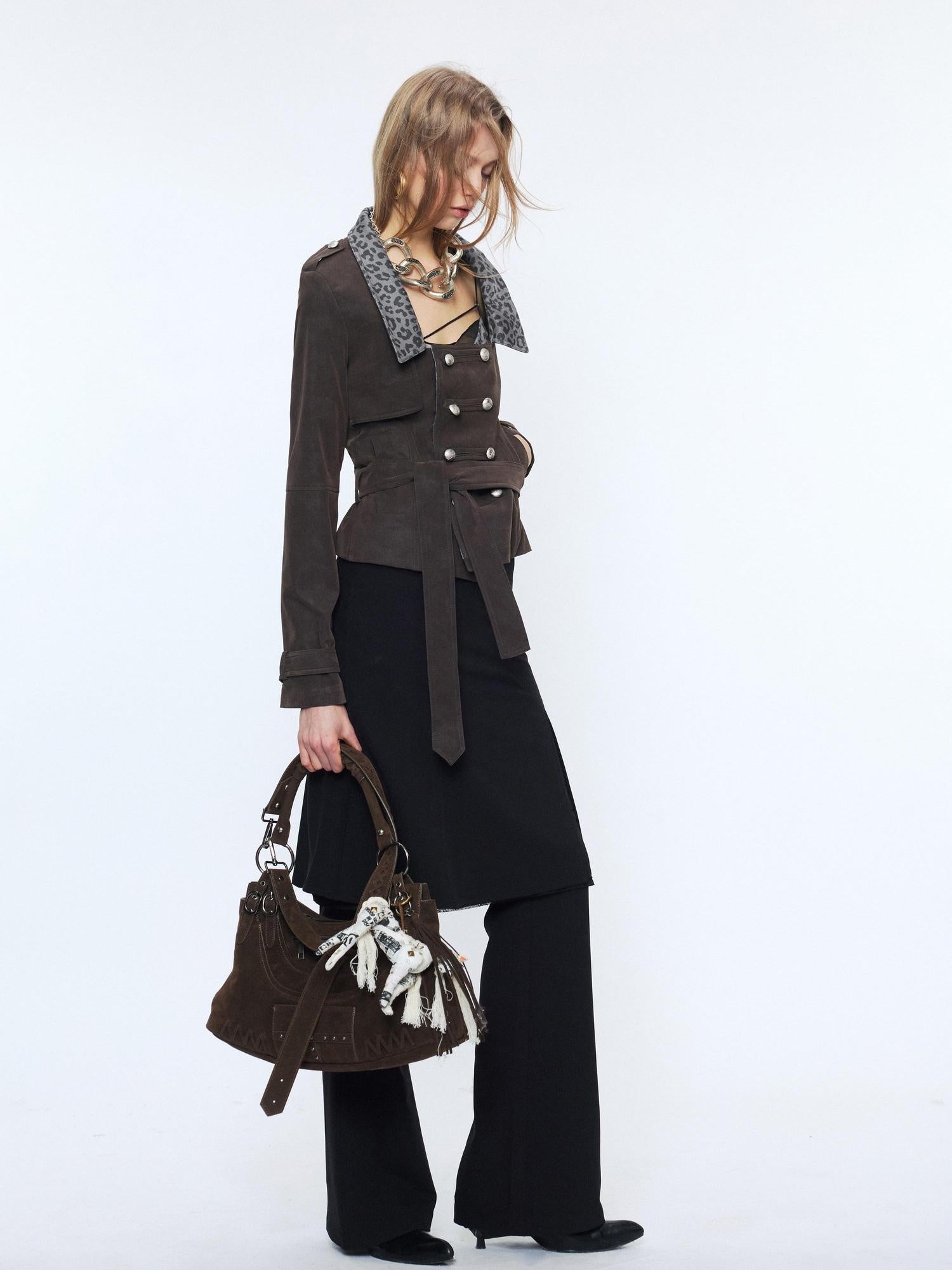 2th Desire Waist Cinch Punk Leopard Print Slim Fit Zip Short Women Trench Coats
