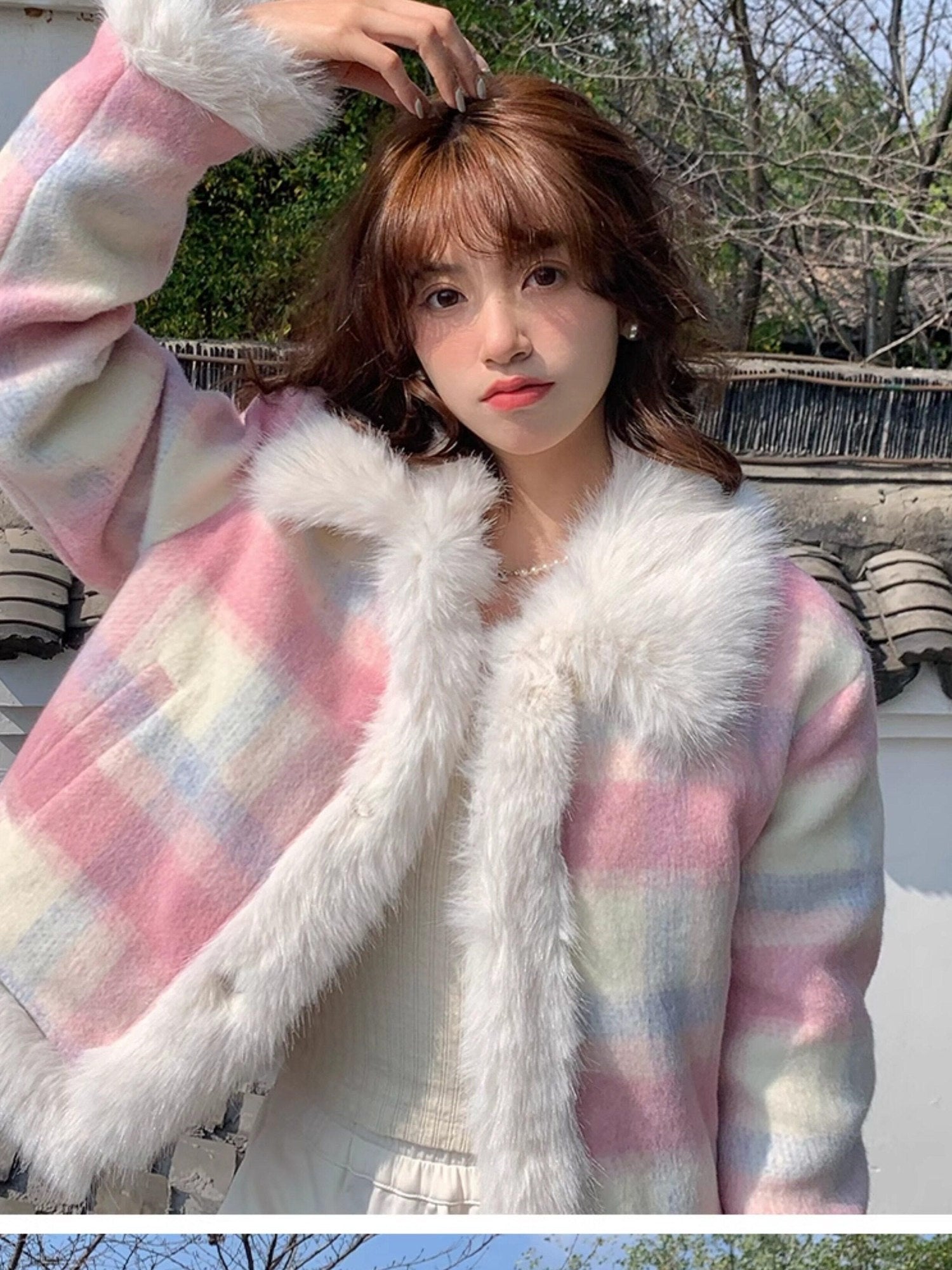 7Shiftin Pink Plaid Hidden Button Notch Lapel Preppy Youth Straight Fit Cropped Jackets