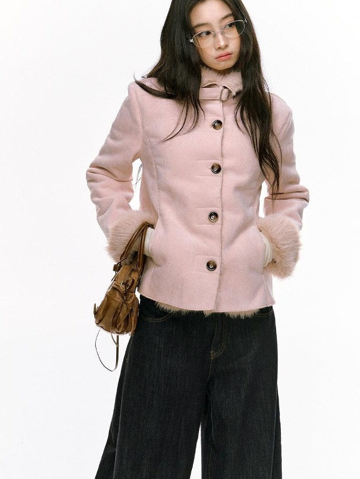 7Shiftin Fleece Lined Original Slim Stand Collar Button Coffee Pink Cropped Jackets