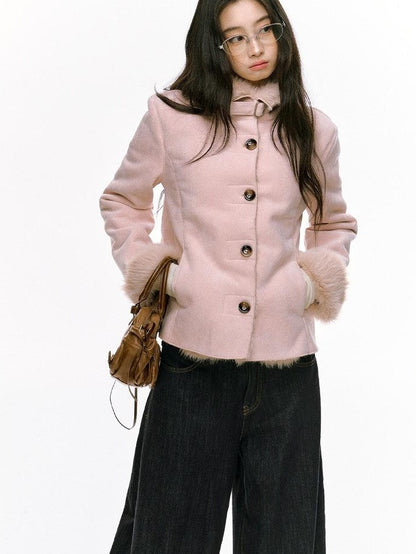 7Shiftin Fleece Lined Original Slim Stand Collar Button Coffee Pink Cropped Jackets