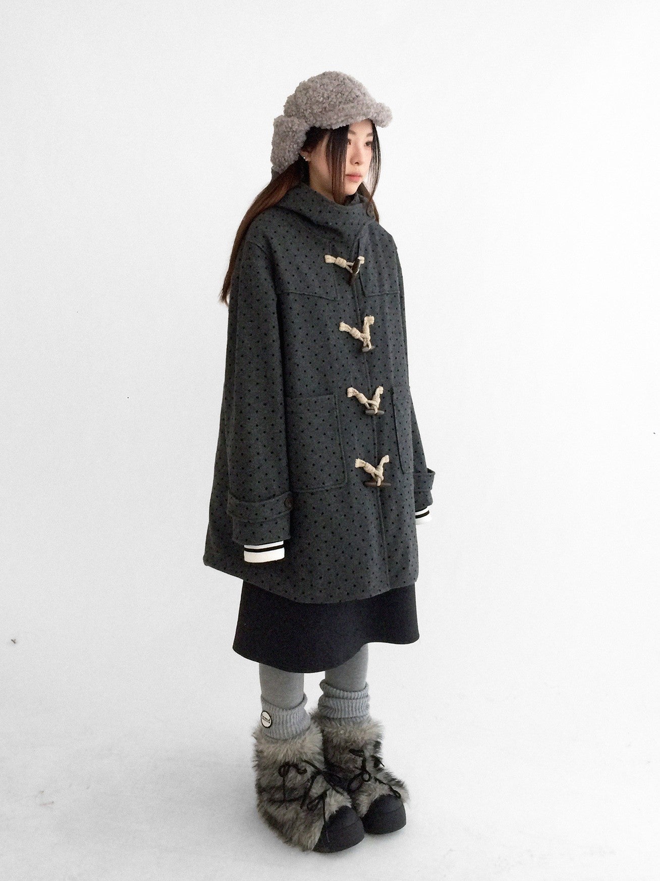 innomoood Brown Sugar Flocked Polka Dot Toggle Hooded Women&