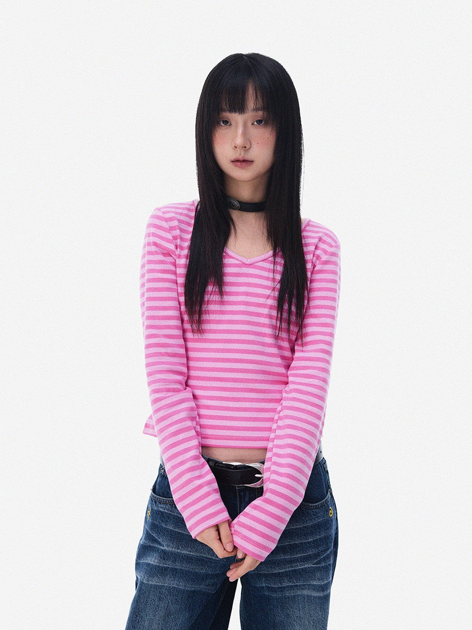 innomoood Slim Fit Striped Print V-neck Women&