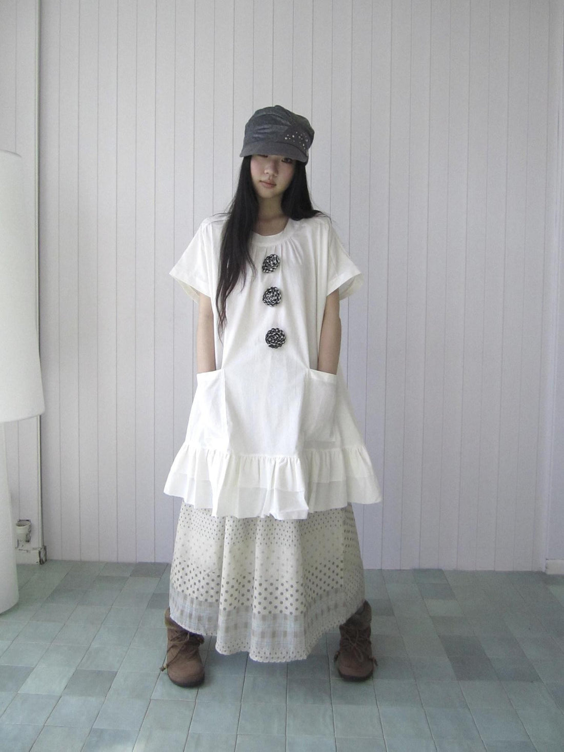 ang project Vintage 3D Floral Ruffle Double Layer Round Neck Women&