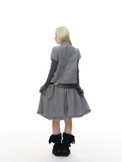 NAPSNAPS Gray Blue Lace Puff Sleeves Cardigan Women&