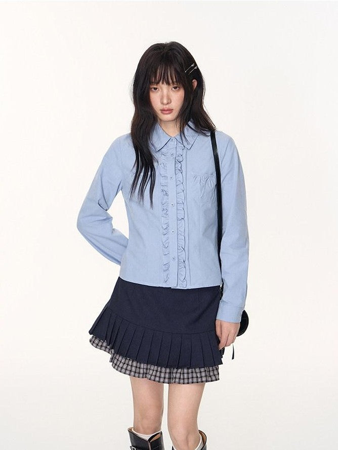 NAPSNAPS Ruffle Trim Pleated Point Collar Patch Pocket Women&