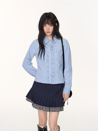 NAPSNAPS Ruffle Trim Pleated Point Collar Patch Pocket Women&