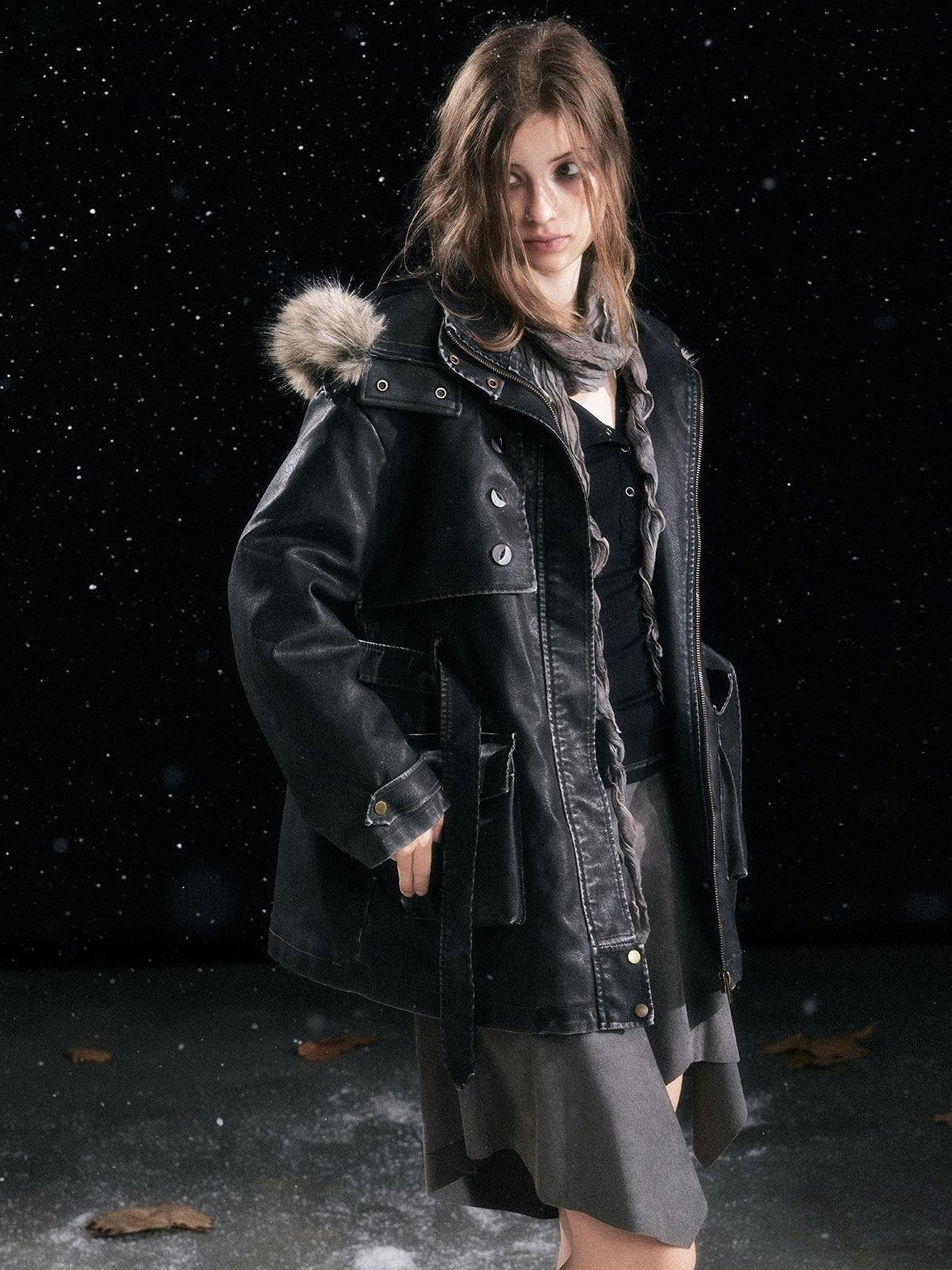 Cest Nous Fur Collar Hooded Utility Distressed Women&