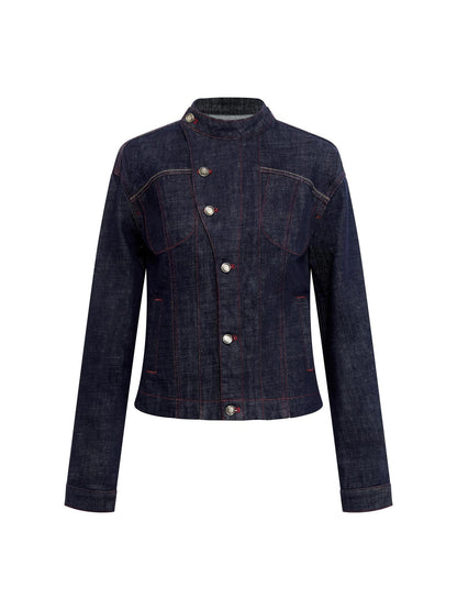 RUN TO THE FUTURE Vintage Asymmetric Fitted Waist Unisex Dark Indigo Cotton Button Denim Jackets