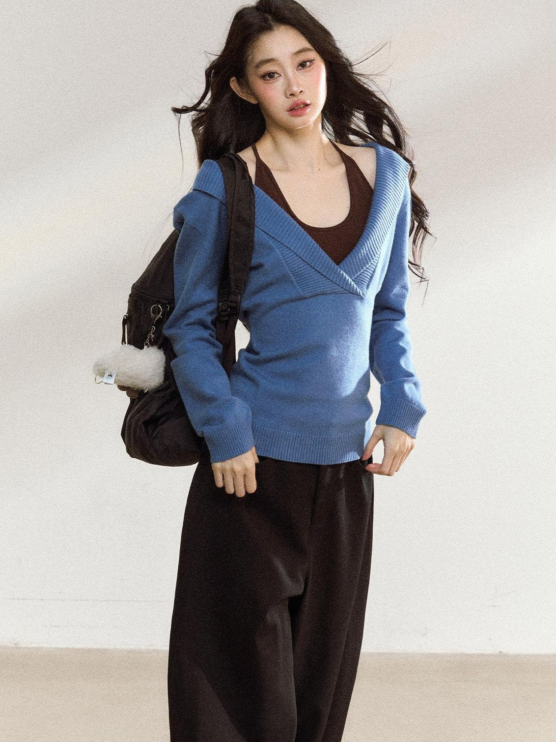 7Shiftin Soft Modal Acrylic Blend Casual V-neck Pullover Long Sleeve Women Knit Sweaters