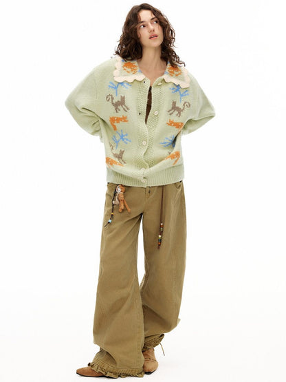 OuttheBlue Warm Acrylic Wool Commuter Loose Jacquard Mint Green Cardigans
