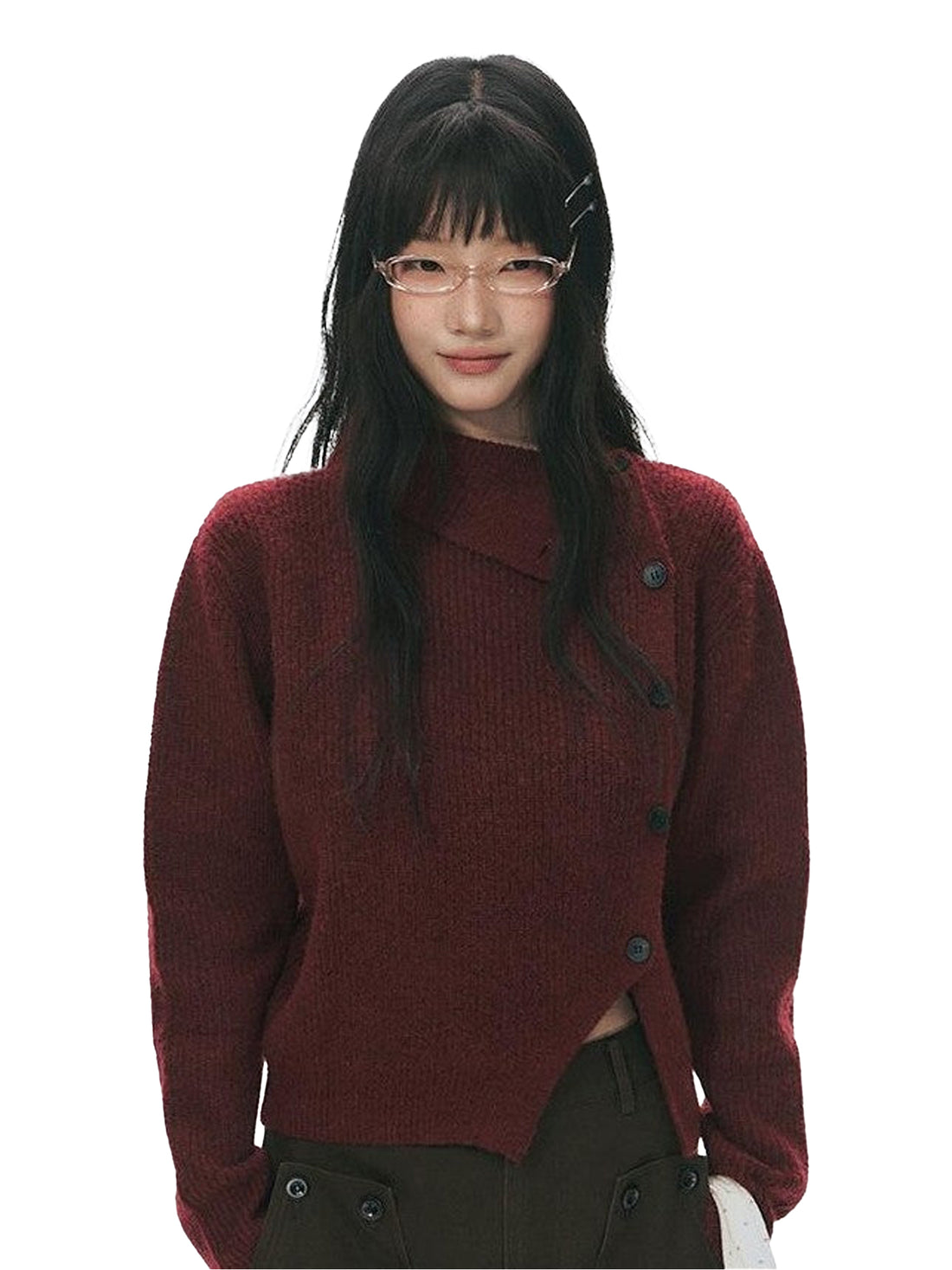 NAPSNAPS Rust Red Asymmetrical Placket Knit Mock Neck Women&