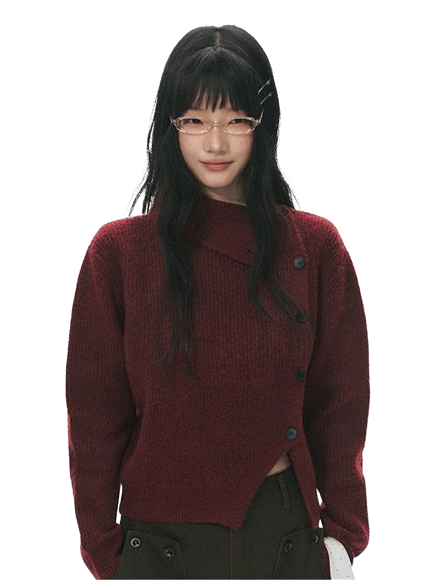 NAPSNAPS Rust Red Asymmetrical Placket Knit Mock Neck Women&
