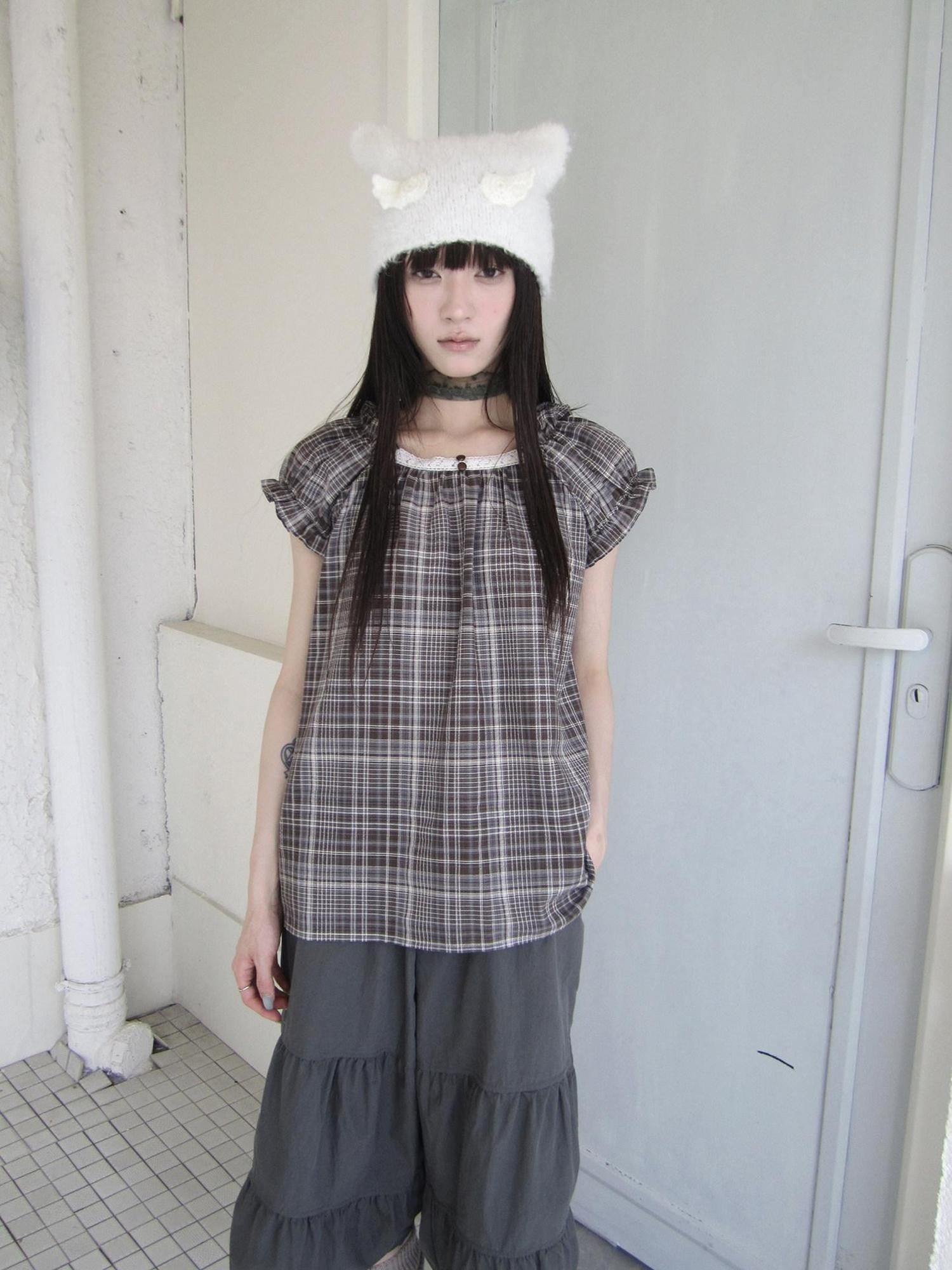 ang project Brown Plaid Patchwork Lace Trim Puff Sleeve Women&