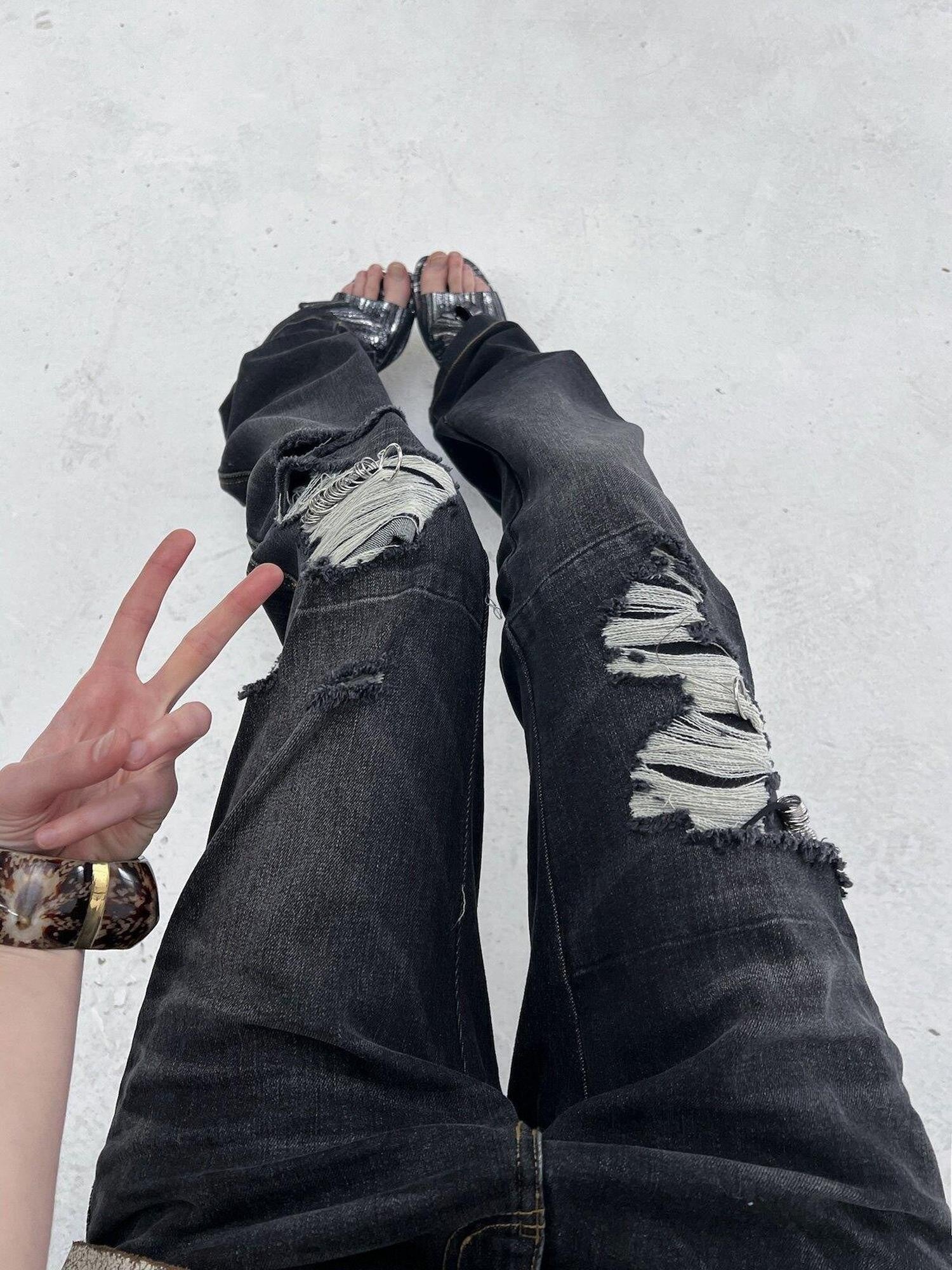 DoublePunch Dark Wash Whisker Distressed Ripped Low Rise Women&