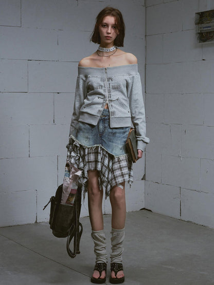 Cest Nous Washed Deconstructed Plaid Patchwork Asymmetric Women&