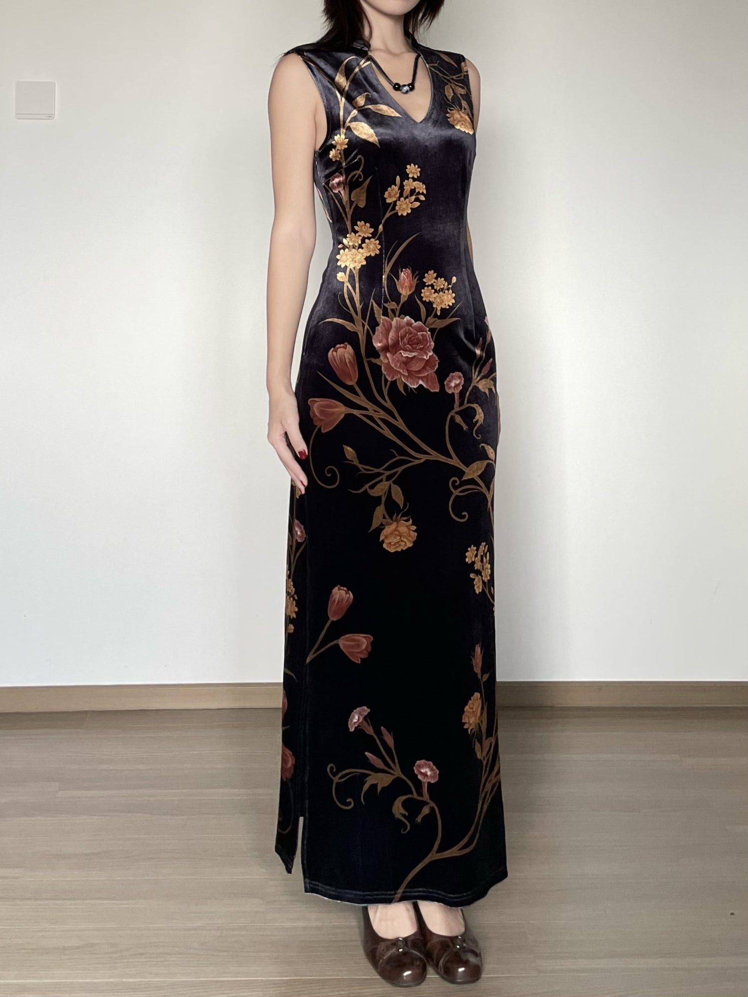 Wet Tail Breathable Floral Cheongsam Vintage Long Sleeve Everyday Casual Maxi Dresses