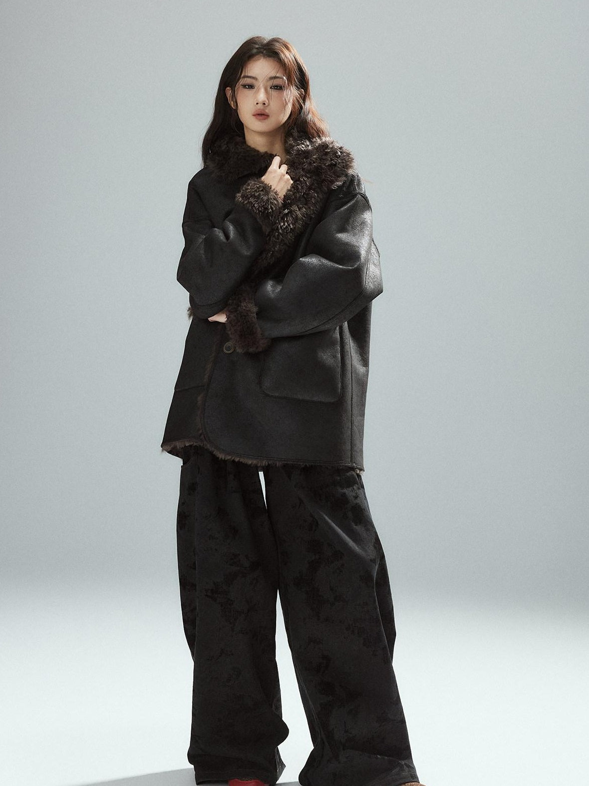 Low pixel Black Cotton Flocked Low Rise Loose Street Women Zip Fly Wide Leg Jeans