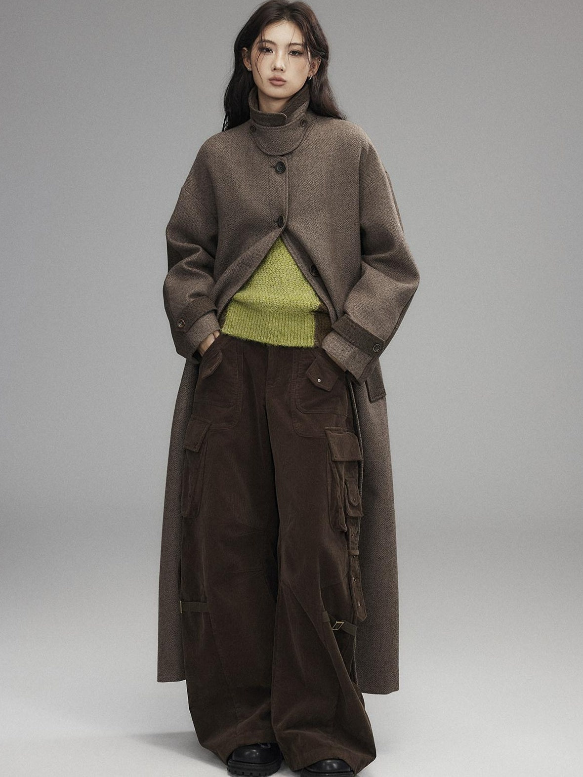Low pixel Wool Blend Thick Colorblock Oversized Stand Collar Single Breasted Wool Coats