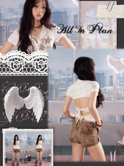 ALL iN plan Soft Stretch Cotton Blend Letter Print Cinched Waist A Line Sleeve Women T Shirt