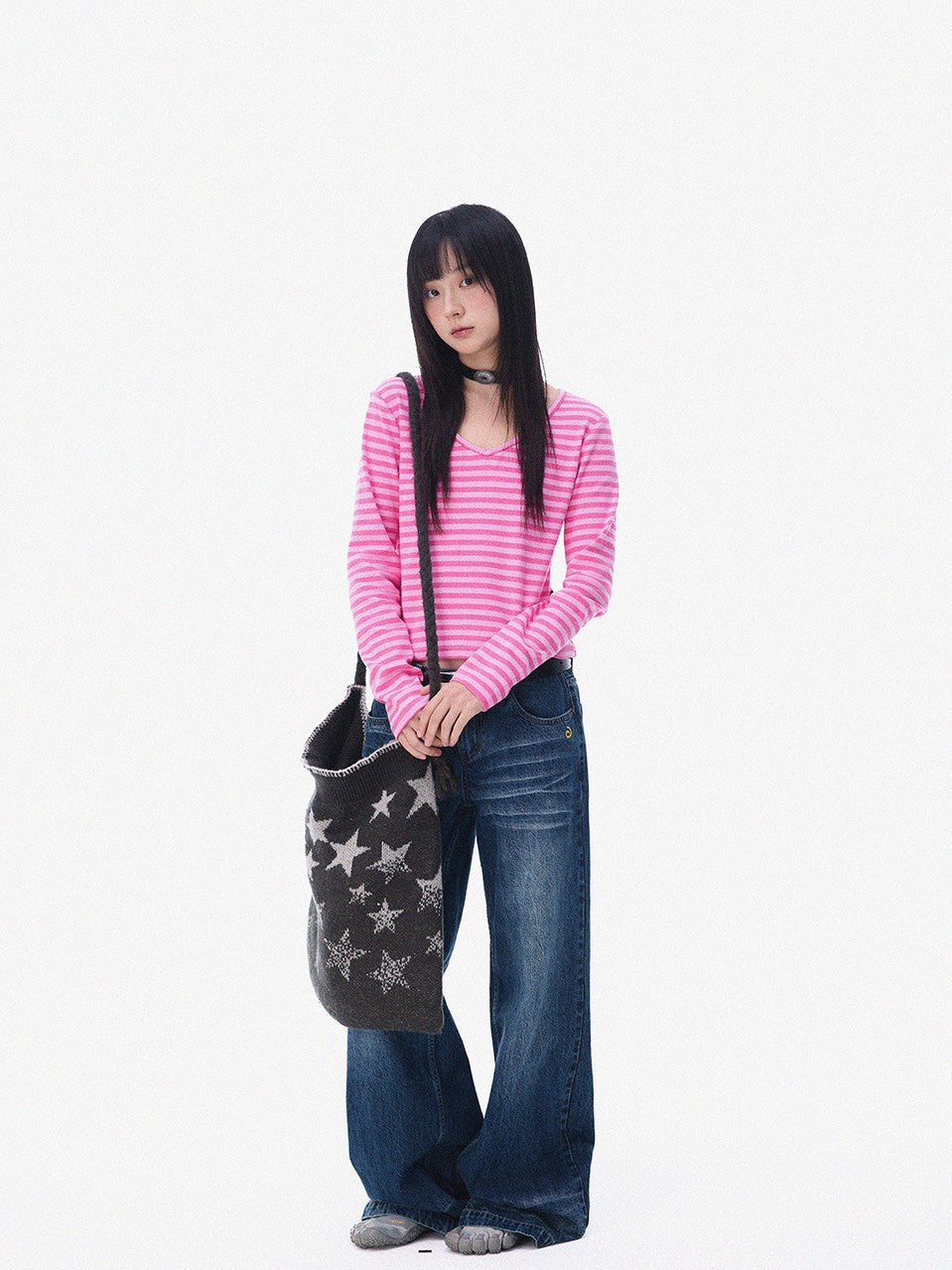 innomoood Slim Fit Striped Print V-neck Women&