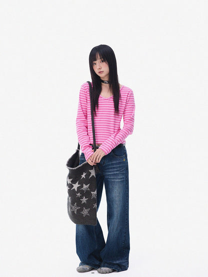 innomoood Slim Fit Striped Print V-neck Women&