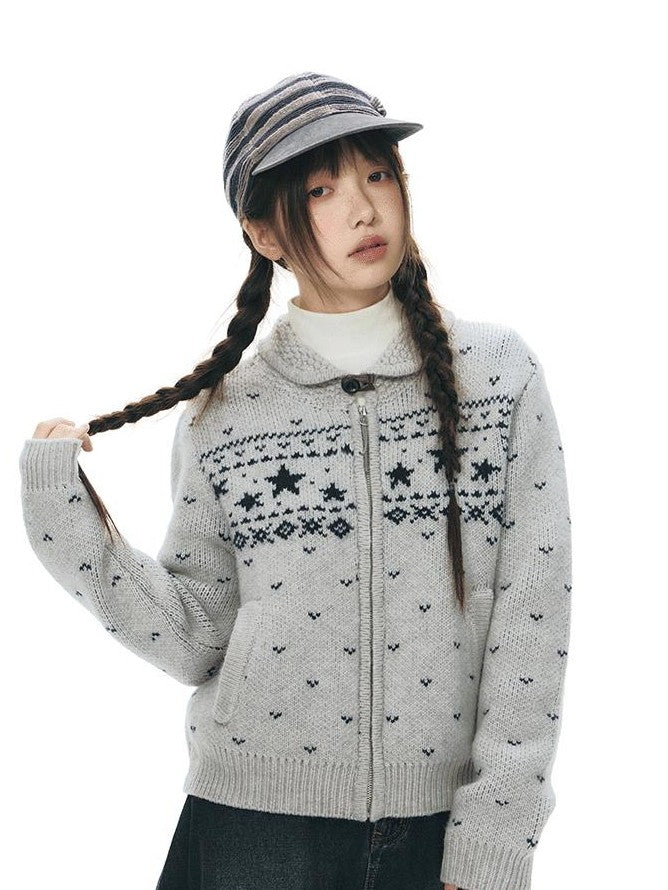 NAPSNAPS Vintage Fair Isle Star Knit Turndown Collar Women&