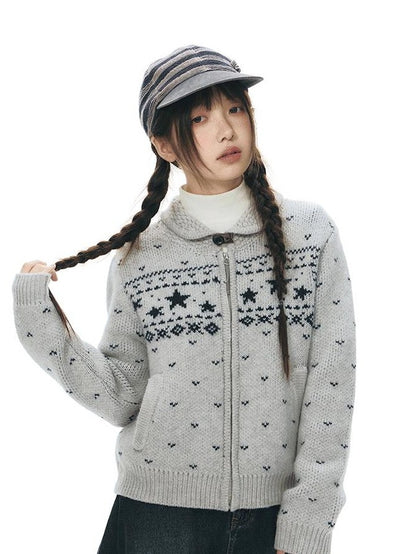 NAPSNAPS Vintage Fair Isle Star Knit Turndown Collar Women&