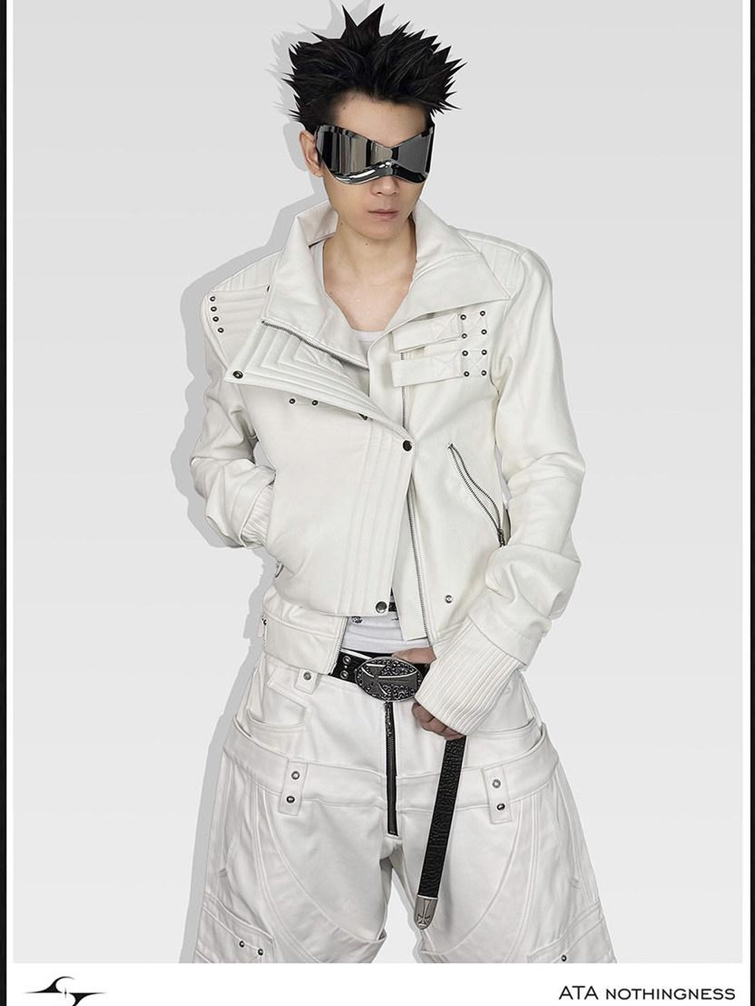 ATAnothingness Windproof Pu Cropped Zip Long Sleeve Silver Moon White Leather Jackets